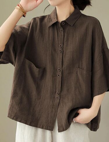 زر كتان Qibabu أسفل قميص للنساء نصف الأكمام بلوزات الصيف الصيفية in Kuwait