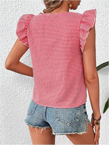 MakeMeChic Women's Gingham Print Blouse Top Square Neck Ruffle Short Sleeve Boho Casual Shirts in Saudi Arabia