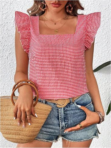 MakeMeChic Women's Gingham Print Blouse Top Square Neck Ruffle Short Sleeve Boho Casual Shirts in Saudi Arabia