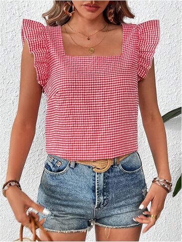 MakeMeChic Women's Gingham Print Blouse Top Square Neck Ruffle Short Sleeve Boho Casual Shirts in Saudi Arabia