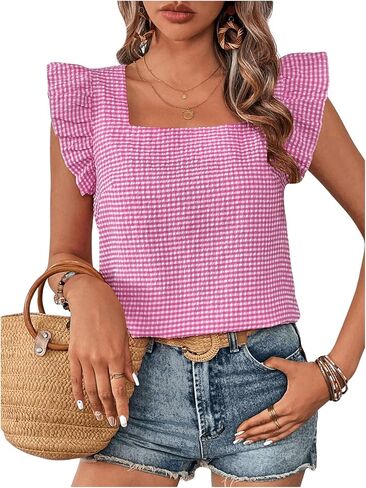 MakeMechic Women's Gingham Print Blouse Top Square Neck Shuffle Shorts Boho Disual Terts in Saudi Arabia
