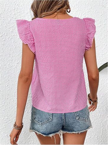 MakeMechic Women's Gingham Print Blouse Top Square Neck Shuffle Shorts Boho Disual Terts in Saudi Arabia