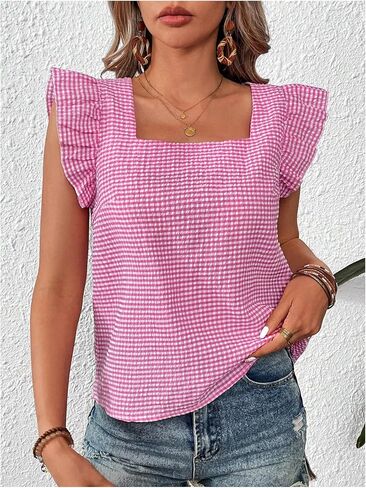 MakeMechic Women's Gingham Print Blouse Top Square Neck Shuffle Shorts Boho Disual Terts in Saudi Arabia