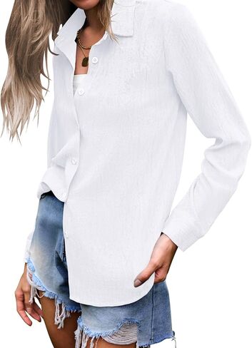 AUSELILY Womens Button Down Shirts Long Sleeve Collared V Neck Button Up Tops Casual Work Business Tunics Blouses in Kuwait
