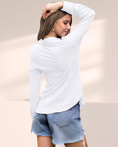 AUSELILY Womens Button Down Shirts Long Sleeve Collared V Neck Button Up Tops Casual Work Business Tunics Blouses in Kuwait