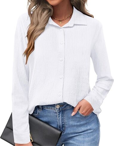 AUSELILY Womens Button Down Shirts Long Sleeve Collared V Neck Button Up Tops Casual Work Business Tunics Blouses in Kuwait