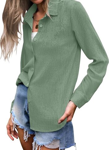 AUSELILY Womens Button Down Shirts Long Sleeve Collared V Neck Button Up Tops Casual Work Business Tunics Blouses in Kuwait