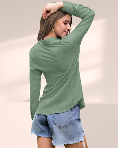 AUSELILY Womens Button Down Shirts Long Sleeve Collared V Neck Button Up Tops Casual Work Business Tunics Blouses in Kuwait