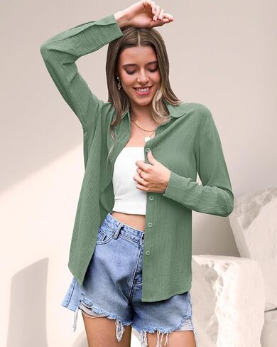 AUSELILY Womens Button Down Shirts Long Sleeve Collared V Neck Button Up Tops Casual Work Business Tunics Blouses in Kuwait
