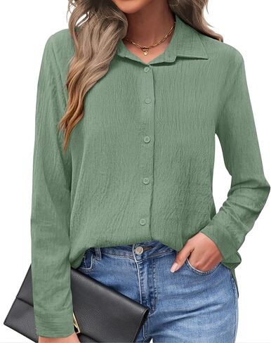 AUSELILY Womens Button Down Shirts Long Sleeve Collared V Neck Button Up Tops Casual Work Business Tunics Blouses in Kuwait
