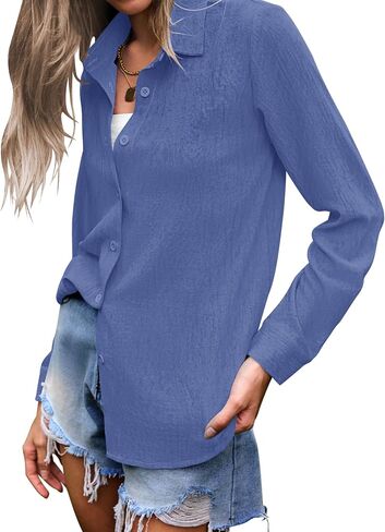 AUSELILY Womens Button Down Shirts Long Sleeve Collared V Neck Button Up Tops Casual Work Business Tunics Blouses in Kuwait