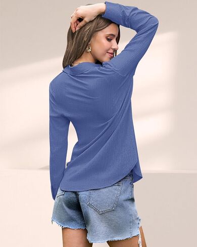 AUSELILY Womens Button Down Shirts Long Sleeve Collared V Neck Button Up Tops Casual Work Business Tunics Blouses in Kuwait