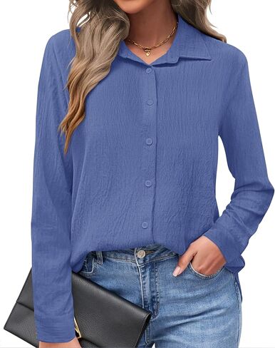 AUSELILY Womens Button Down Shirts Long Sleeve Collared V Neck Button Up Tops Casual Work Business Tunics Blouses in Kuwait
