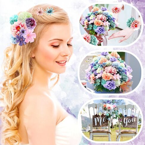 Cindeer 200 Pcs Fake Flower Heads for Crafts Mini Silk Flower Heads Faux Rose Artificial Daisy Blossom Heads Decorative Flowers for Home Bride Bridesmaid Wedding Centerpieces, 2-7 cm(Blue, Purple) in Saudi Arabia