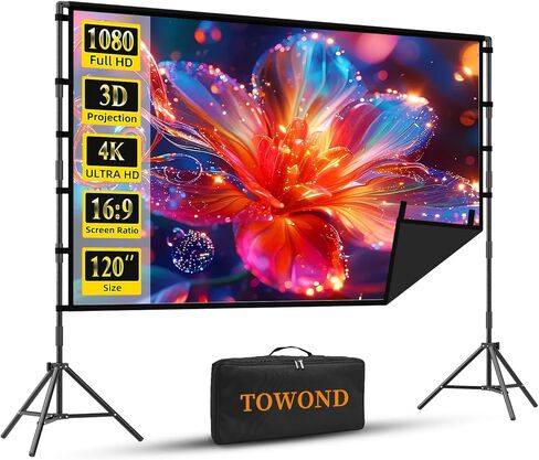 Projector Screen with Stand, TOWOND 100 inch Portable Projector Screen Black Backing, Indoor Outdoor Movie Screen 16:9 4K HD Wrinkle-Free Projection Screen with Carry Bag for Backyard Movie Night in Kuwait
