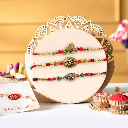 مجموعة من 3 Rakhi التقليدية لـ Brother - Om ، Bal Krishna & Shree Symbass Designer Rakhi Combo - Raksha Bandhan Gift Pack in Saudi Arabia