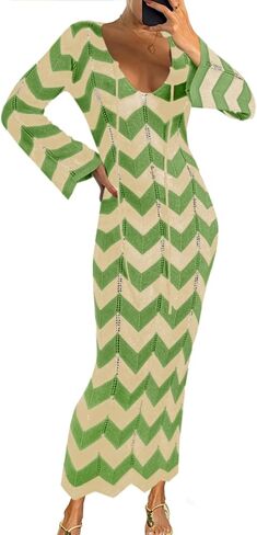 Saodimallsu Womens Striped Bodycon Beach Dress V Neck Tie Front Bell Sleeve Crochet Cover Up Vacation Long Dresses in Saudi Arabia