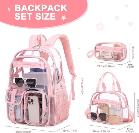 Clear Backpack for Girls, 3PCS PVC Transparent Girls School Bookbag Heavy Duty Stadium Approved, See Through Backpack Schoolbag for Kindergarten Elementary Middle School Travel in Kuwait