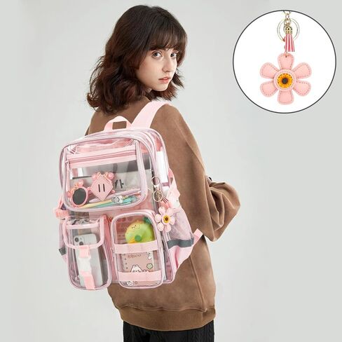 Clear Backpack for School, Heavy Duty Transparent Bookbag for Girls Women with Sunflower Keychain in Saudi Arabia