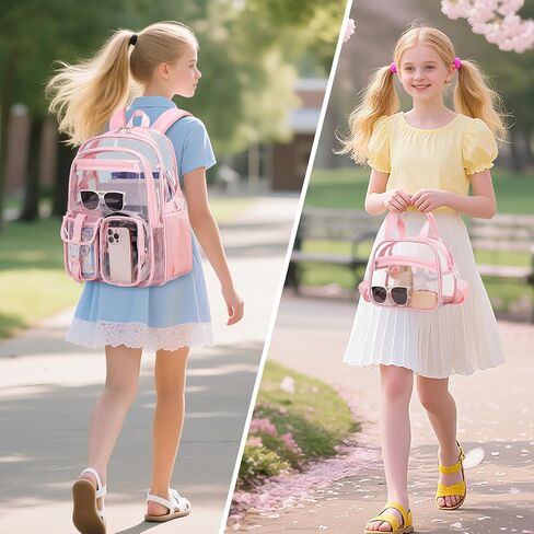 Clear Backpack for Girls, 3PCS PVC Transparent Girls School Bookbag Heavy Duty Stadium Approved, See Through Backpack Schoolbag for Kindergarten Elementary Middle School Travel in Kuwait