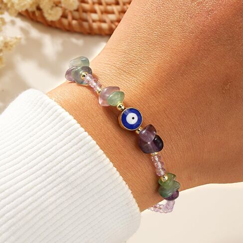 Dainty Evil Eye Crystal Beaded Stretch Bracelet for Women,Handmade Boho Natural Gemstone Bead Fashion Jewelry Gift in Kuwait