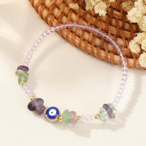 Dainty Evil Eye Crystal Beaded Stretch Bracelet for Women,Handmade Boho Natural Gemstone Bead Fashion Jewelry Gift in Kuwait