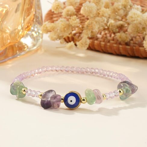 Dainty Evil Eye Crystal Beaded Stretch Bracelet for Women,Handmade Boho Natural Gemstone Bead Fashion Jewelry Gift in Kuwait