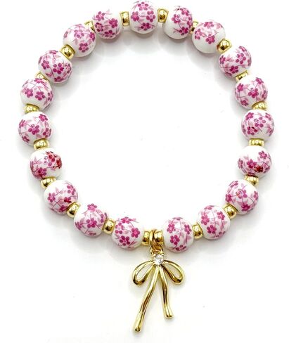 Vintage Beaded Charm Bracelet for Women - Handmade Stretch Floral Bow Design, Dainty Jewelry Gift for Her, Adjustable Romantic Bracelets for Everyday Wear in Kuwait
