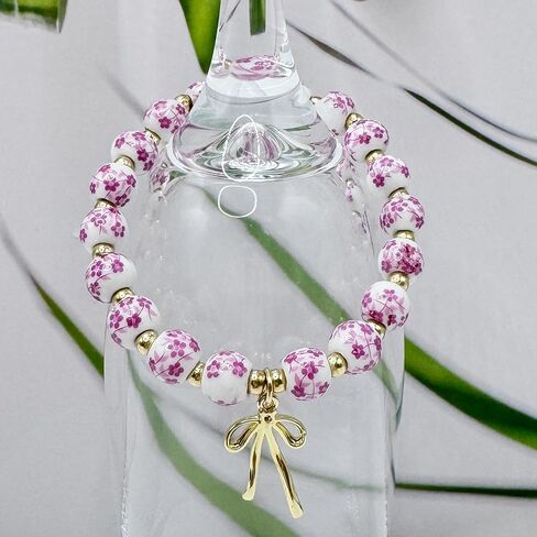 Vintage Beaded Charm Bracelet for Women - Handmade Stretch Floral Bow Design, Dainty Jewelry Gift for Her, Adjustable Romantic Bracelets for Everyday Wear in Kuwait