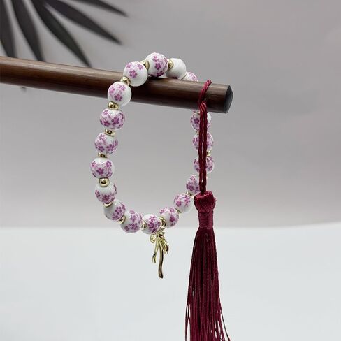 Vintage Beaded Charm Bracelet for Women - Handmade Stretch Floral Bow Design, Dainty Jewelry Gift for Her, Adjustable Romantic Bracelets for Everyday Wear in Kuwait
