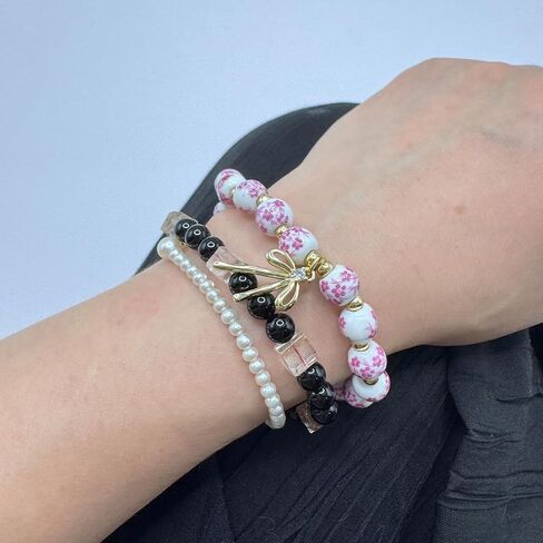 Vintage Beaded Charm Bracelet for Women - Handmade Stretch Floral Bow Design, Dainty Jewelry Gift for Her, Adjustable Romantic Bracelets for Everyday Wear in Kuwait
