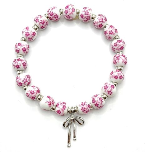 Vintage Beaded Charm Bracelet for Women - Handmade Stretch Floral Bow Design, Dainty Jewelry Gift for Her, Adjustable Romantic Bracelets for Everyday Wear in Kuwait