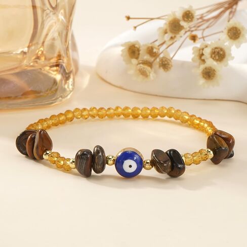 Dainty Evil Eye Crystal Beaded Stretch Bracelet for Women,Handmade Boho Natural Gemstone Bead Fashion Jewelry Gift in Kuwait