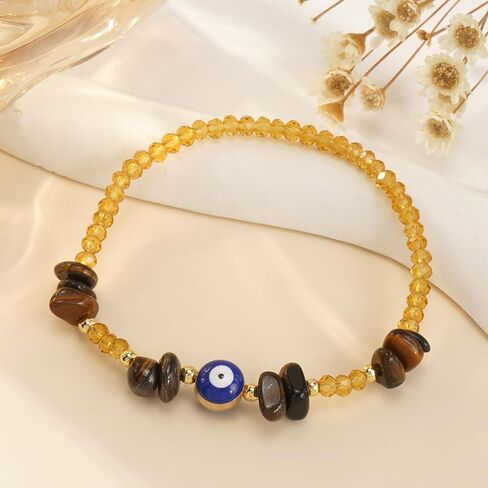 Dainty Evil Eye Crystal Beaded Stretch Bracelet for Women,Handmade Boho Natural Gemstone Bead Fashion Jewelry Gift in Kuwait
