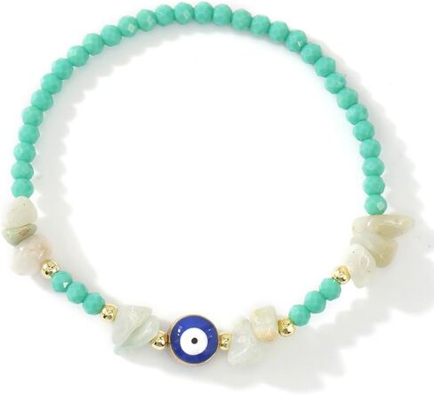 Dainty Evil Eye Crystal Beaded Stretch Bracelet for Women,Handmade Boho Natural Gemstone Bead Fashion Jewelry Gift in Kuwait
