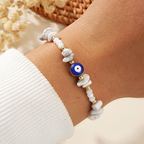 Dainty Evil Eye Crystal Beaded Stretch Bracelet for Women,Handmade Boho Natural Gemstone Bead Fashion Jewelry Gift in Kuwait