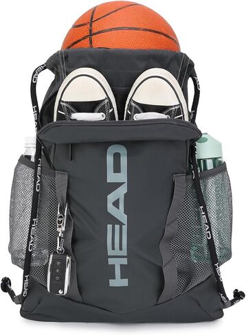 HEAD Waterproof Drawstring Backpack for Sport Gym with 2 Zipper Pockets, Large Draw String Backpacks for Women & Men, Lightweight Sackpack for Travel/Basketball/Beach/Swim/Football, Black in Saudi Arabia