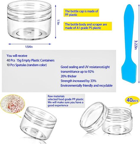 MotBach 40 PCS 15g Empty Plastic Containers with Clear Lids, Small Makeup Containers, 0.5oz Small Sample Jars Round Travel Cosmetic Jars with Spatulas for Liquid Cream Lotion Powder in Saudi Arabia