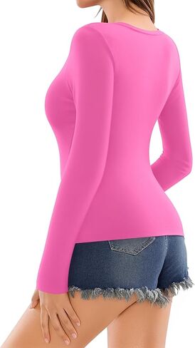 MANGOPOP Deep V Neck Long Sleeve Shirts for Women Sexy Slim Fitted T Shirt Tops in Kuwait