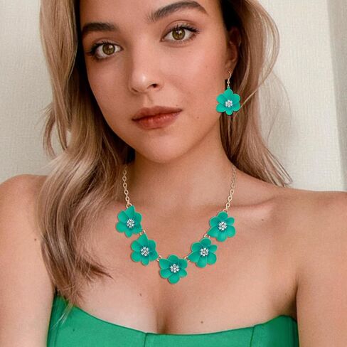 Flyonce Flower Necklace for Women, Summer Boho Floral Choker Necklaces with Earrings Holiday Jewelry in Saudi Arabia