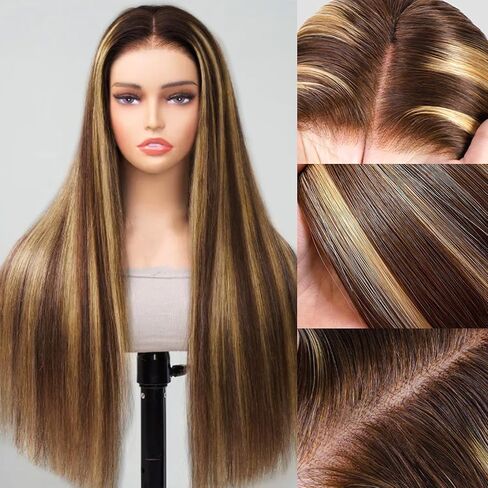 Highlight Ombre Lace Front Wig Human Hair 200% Density Blonde Highlight Wig Human Hair 7x5 Ombre Straigtht 4/27 Honey Blonde Wig 26 Inch Brown Highlighted Wig Pre Plucked with Baby Hair for Women in Saudi Arabia