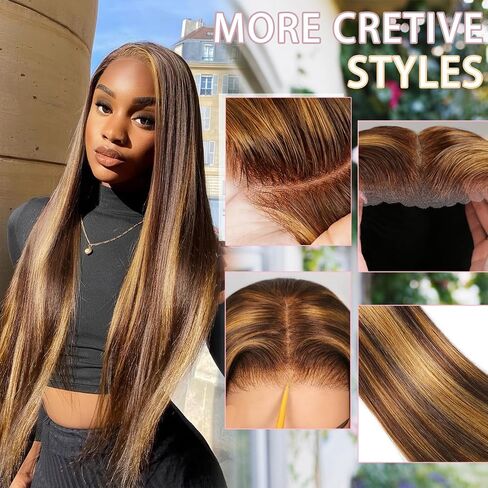 Highlight Ombre Lace Front Wig Human Hair 200% Density Blonde Highlight Wig Human Hair 7x5 Ombre Straigtht 4/27 Honey Blonde Wig 26 Inch Brown Highlighted Wig Pre Plucked with Baby Hair for Women in Saudi Arabia