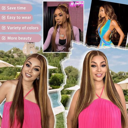 Highlight Ombre Lace Front Wig Human Hair 200% Density Blonde Highlight Wig Human Hair 7x5 Ombre Straigtht 4/27 Honey Blonde Wig 26 Inch Brown Highlighted Wig Pre Plucked with Baby Hair for Women in Saudi Arabia