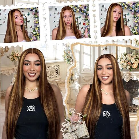 Highlight Ombre Lace Front Wig Human Hair 200% Density Blonde Highlight Wig Human Hair 7x5 Ombre Straigtht 4/27 Honey Blonde Wig 26 Inch Brown Highlighted Wig Pre Plucked with Baby Hair for Women in Saudi Arabia