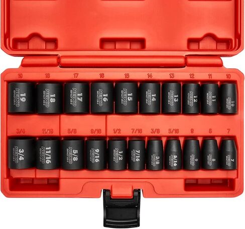 NEIKO 02432A 3/8" Drive SAE and Metric Impact Socket Set | 21 Shallow Pieces | SAE 5/16" to 3/4" | 7mm to 19mm | Premium Cr-V Steel | 6-Point Hex Design | Corrosion Resistant Coating in Saudi Arabia