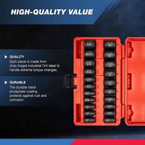 NEIKO 02432A 3/8" Drive SAE and Metric Impact Socket Set | 21 Shallow Pieces | SAE 5/16" to 3/4" | 7mm to 19mm | Premium Cr-V Steel | 6-Point Hex Design | Corrosion Resistant Coating in Saudi Arabia