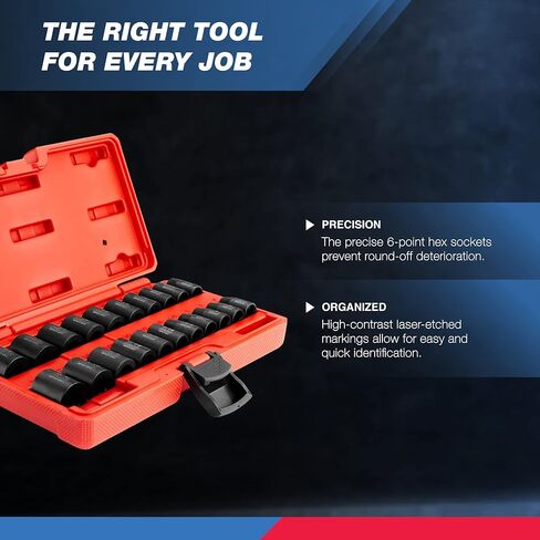 NEIKO 02432A 3/8" Drive SAE and Metric Impact Socket Set | 21 Shallow Pieces | SAE 5/16" to 3/4" | 7mm to 19mm | Premium Cr-V Steel | 6-Point Hex Design | Corrosion Resistant Coating in Saudi Arabia