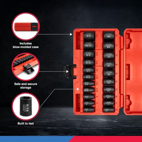 NEIKO 02432A 3/8" Drive SAE and Metric Impact Socket Set | 21 Shallow Pieces | SAE 5/16" to 3/4" | 7mm to 19mm | Premium Cr-V Steel | 6-Point Hex Design | Corrosion Resistant Coating in Saudi Arabia