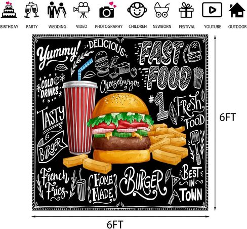 Burger French Fries Backdrop, 7x5ft Vinyl, Cooking Theme Fast Food Photogarphy Background for Children Photo Shoot Studio Props BJDWPR78 in Kuwait