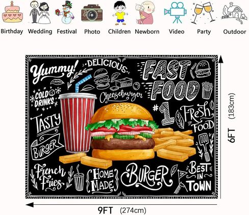 Burger French Fries Backdrop, 7x5ft Vinyl, Cooking Theme Fast Food Photogarphy Background for Children Photo Shoot Studio Props BJDWPR78 in Kuwait